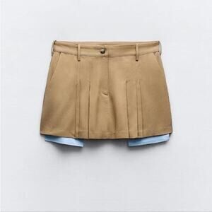ZARA Medium Female Brown Tan Pleated Skirt with White Layered Hemline Stylish